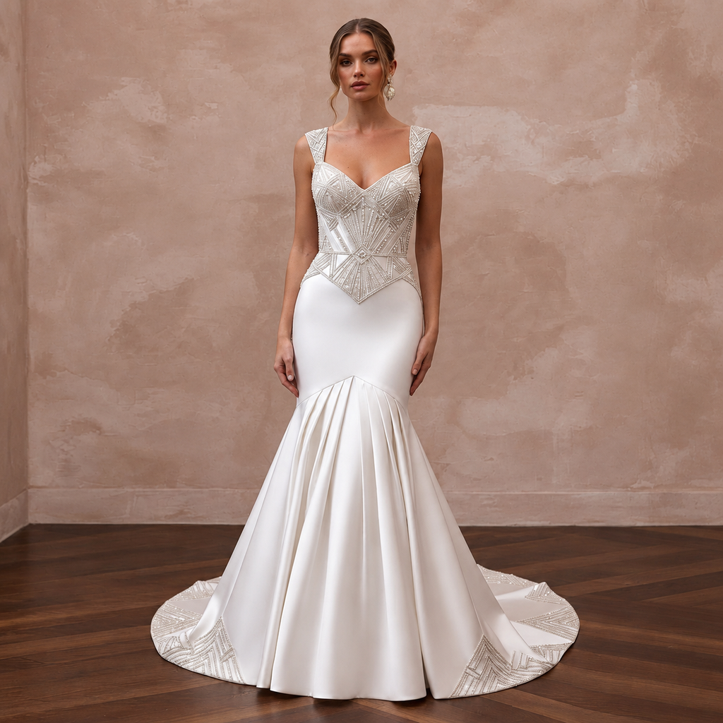 Art Deco Inspired Satin Wedding Dress with Beaded Details