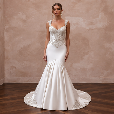 Art Deco Inspired Satin Wedding Dress with Beaded Details