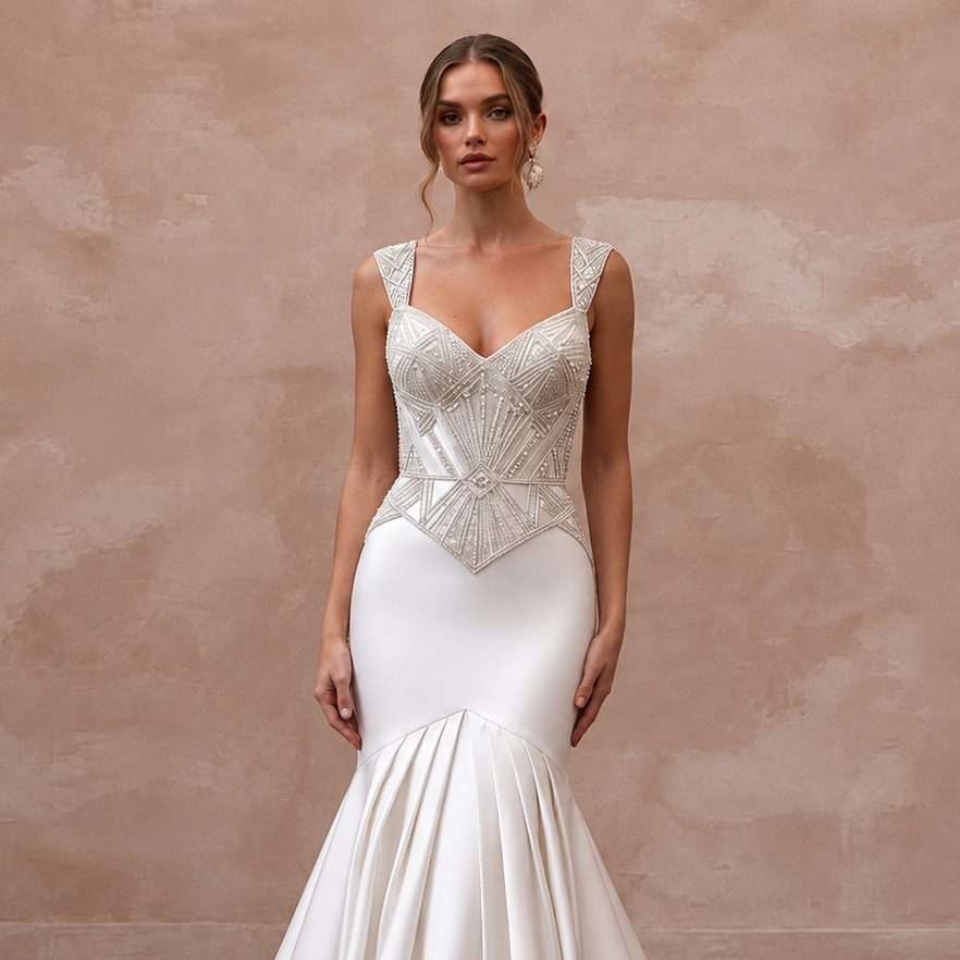 Art Deco Inspired Satin Wedding Dress with Beaded Details