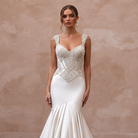 Art Deco Inspired Satin Wedding Dress with Beaded Details
