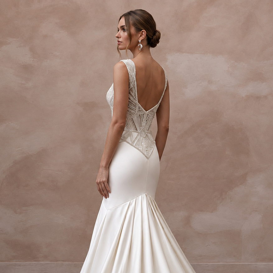 Art Deco Inspired Satin Wedding Dress with Beaded Details