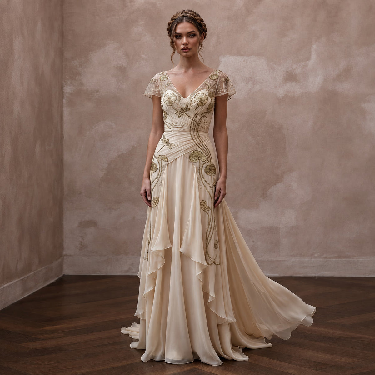 Art Nouveau Champagne Silk Chiffon Gown for Gallery Vow Renewal - Apparel & Accessories > Clothing > Wedding & Bridal Party Dresses > Wedding Dresses - Mignonette Bridal