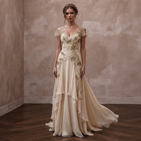 Art Nouveau Champagne Silk Chiffon Gown for Gallery Vow Renewal - Apparel & Accessories > Clothing > Wedding & Bridal Party Dresses > Wedding Dresses - Mignonette Bridal