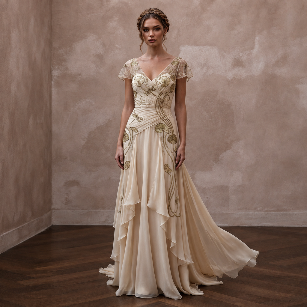 Art Nouveau Champagne Silk Chiffon Gown for Gallery Vow Renewal