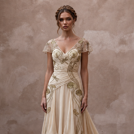 Art Nouveau Champagne Silk Chiffon Gown for Gallery Vow Renewal