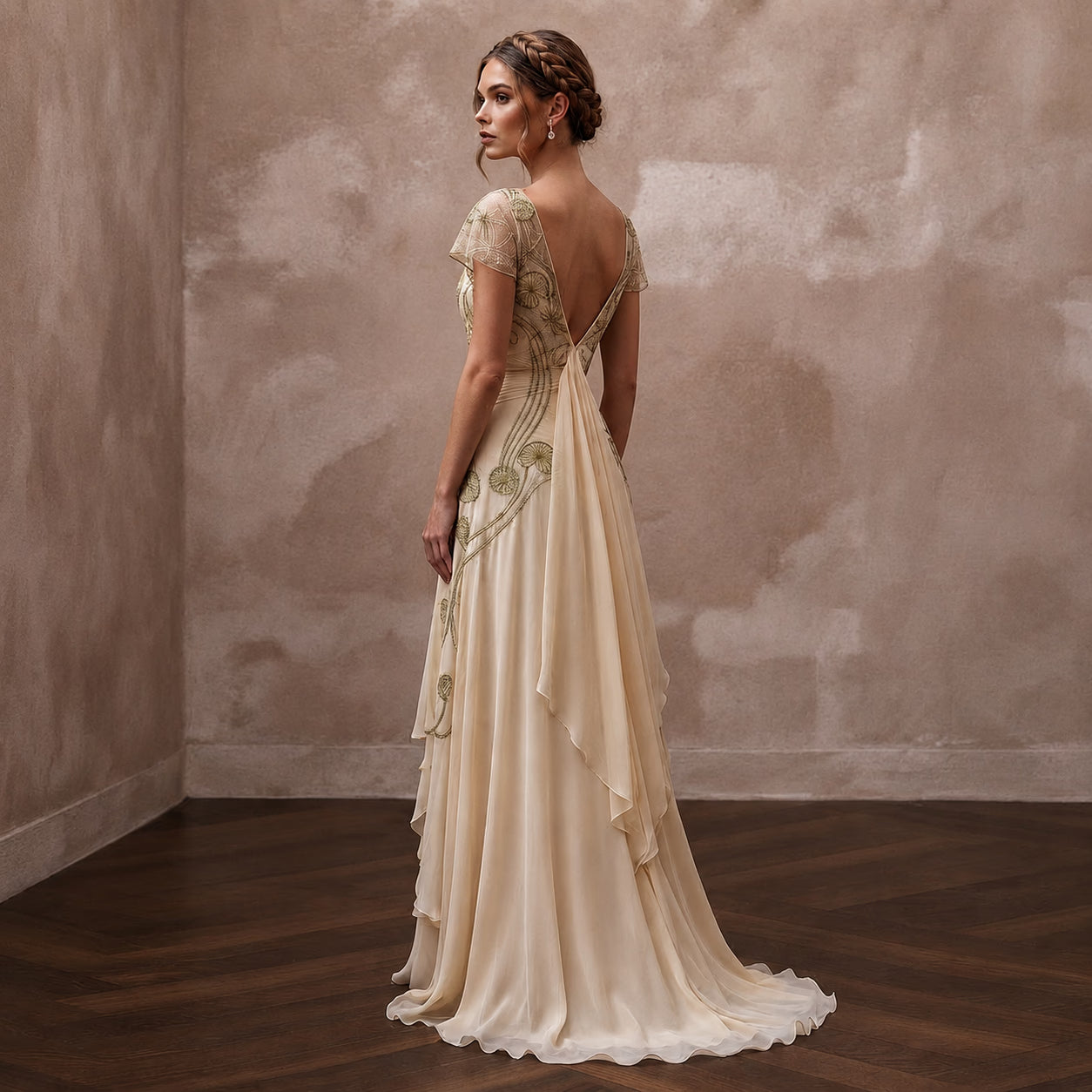 Art Nouveau Champagne Silk Chiffon Gown for Gallery Vow Renewal Secondary image