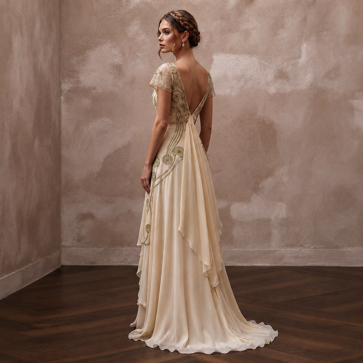 Art Nouveau Champagne Silk Chiffon Gown for Gallery Vow Renewal