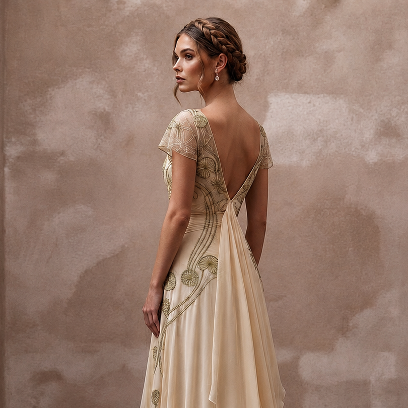 Art Nouveau Champagne Silk Chiffon Gown for Gallery Vow Renewal