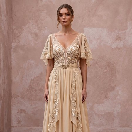 Art Nouveau Champagne Silk Chiffon Wedding Dress for Gallery Vow Renewal