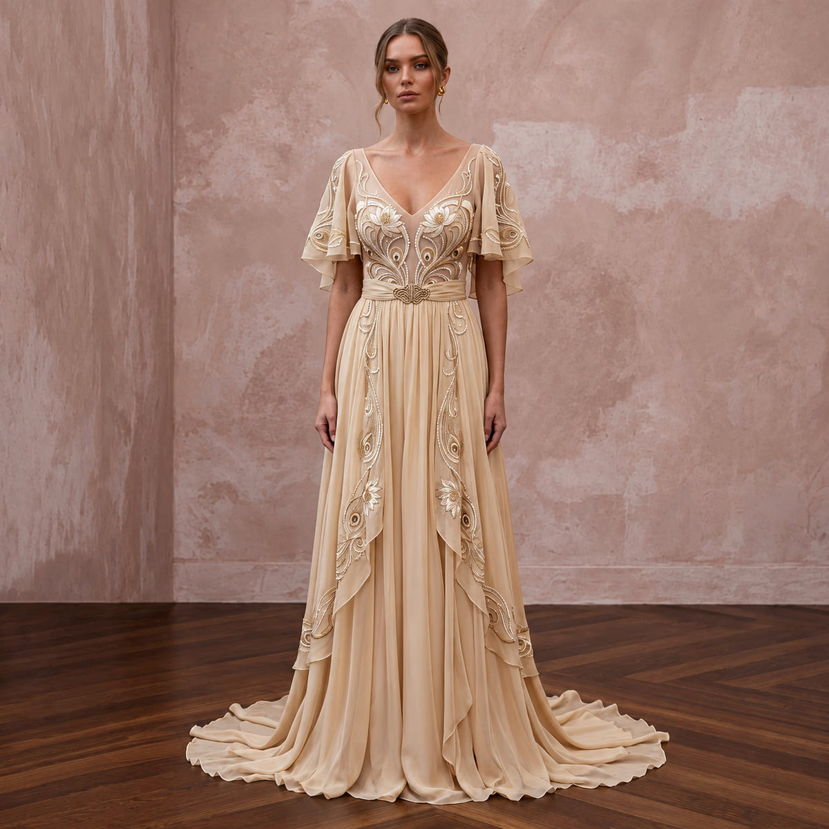 Art Nouveau Champagne Silk Chiffon Wedding Dress for Gallery Vow Renewal Main image