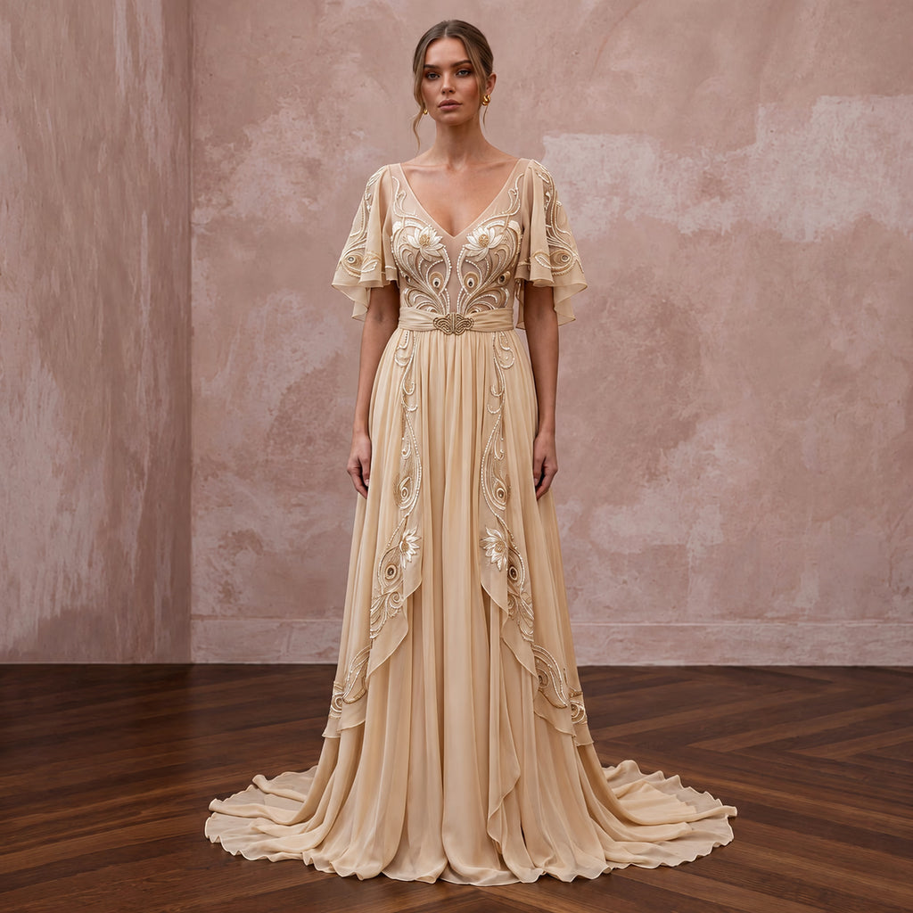 Art Nouveau Champagne Silk Chiffon Wedding Dress for Gallery Vow Renewal