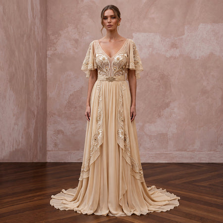 Art Nouveau Champagne Silk Chiffon Wedding Dress for Gallery Vow Renewal