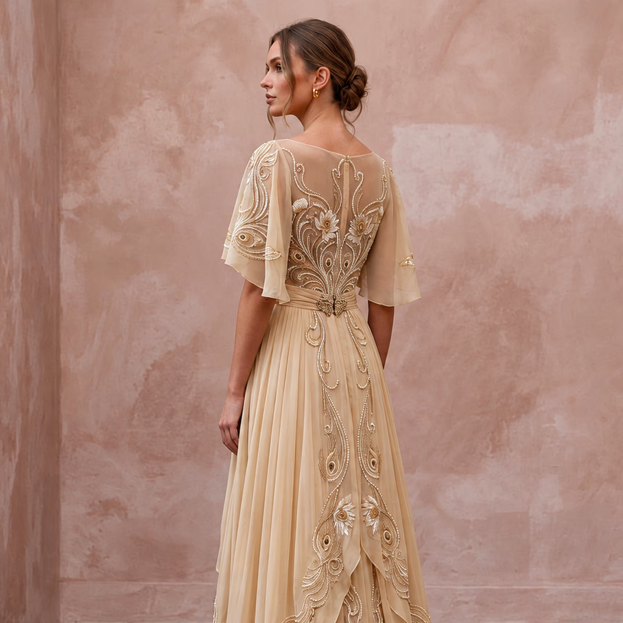Art Nouveau Champagne Silk Chiffon Wedding Dress for Gallery Vow Renewal