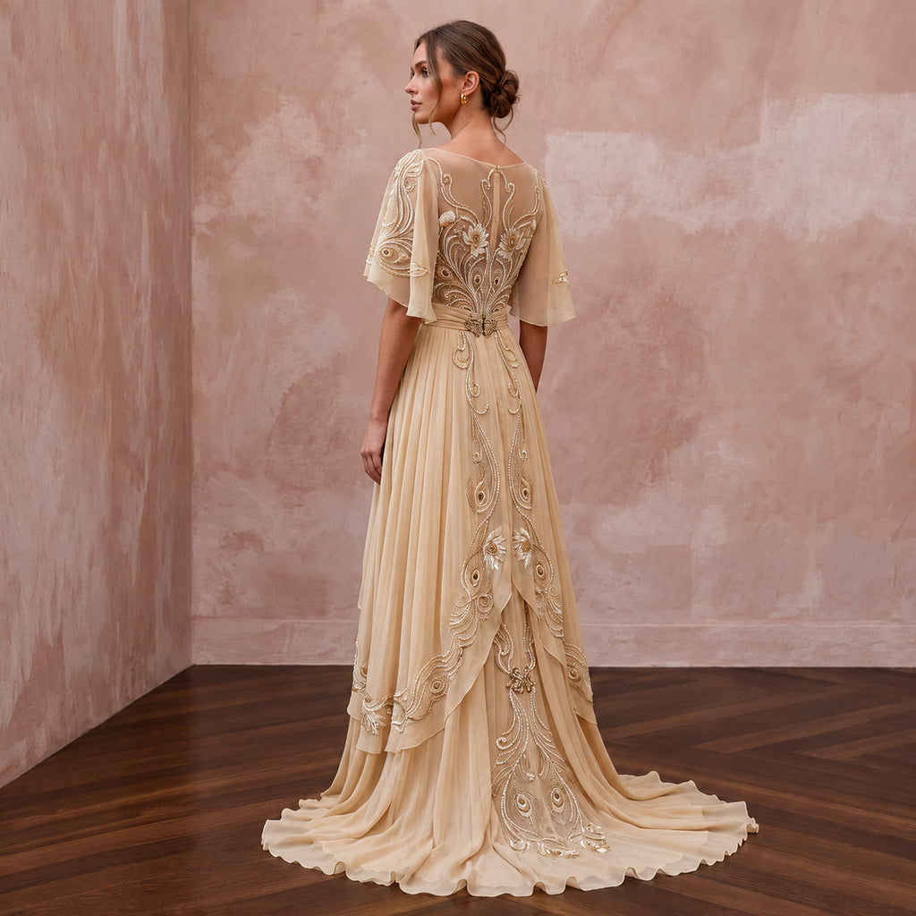 Art Nouveau Champagne Silk Chiffon Wedding Dress for Gallery Vow Renewal