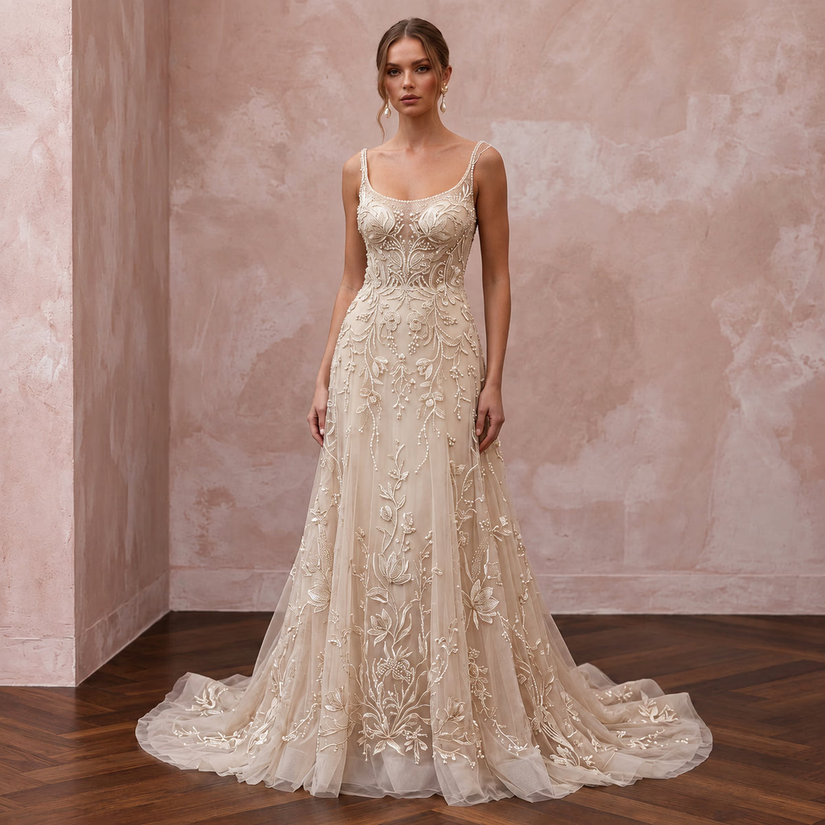 Artisan Champagne Embroidered Net Bridal Gown for Rehearsal Gathering