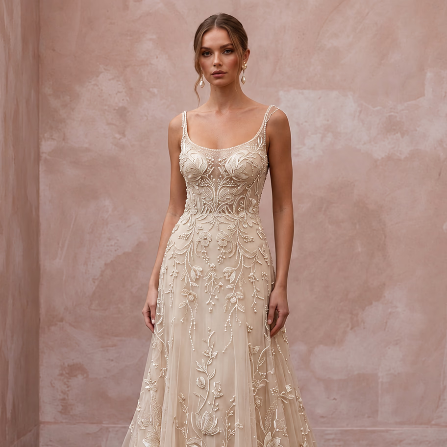Artisan Champagne Embroidered Net Bridal Gown for Rehearsal Gathering