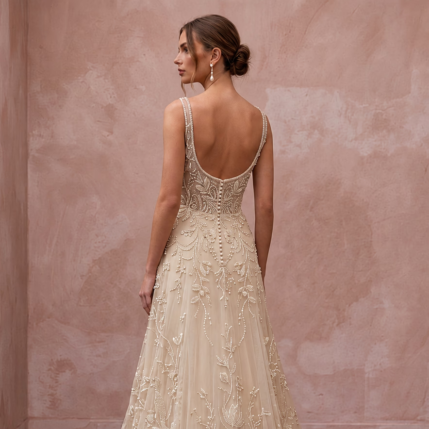 Artisan Champagne Embroidered Net Bridal Gown for Rehearsal Gathering