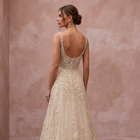 Artisan Champagne Embroidered Net Bridal Gown for Rehearsal Gathering