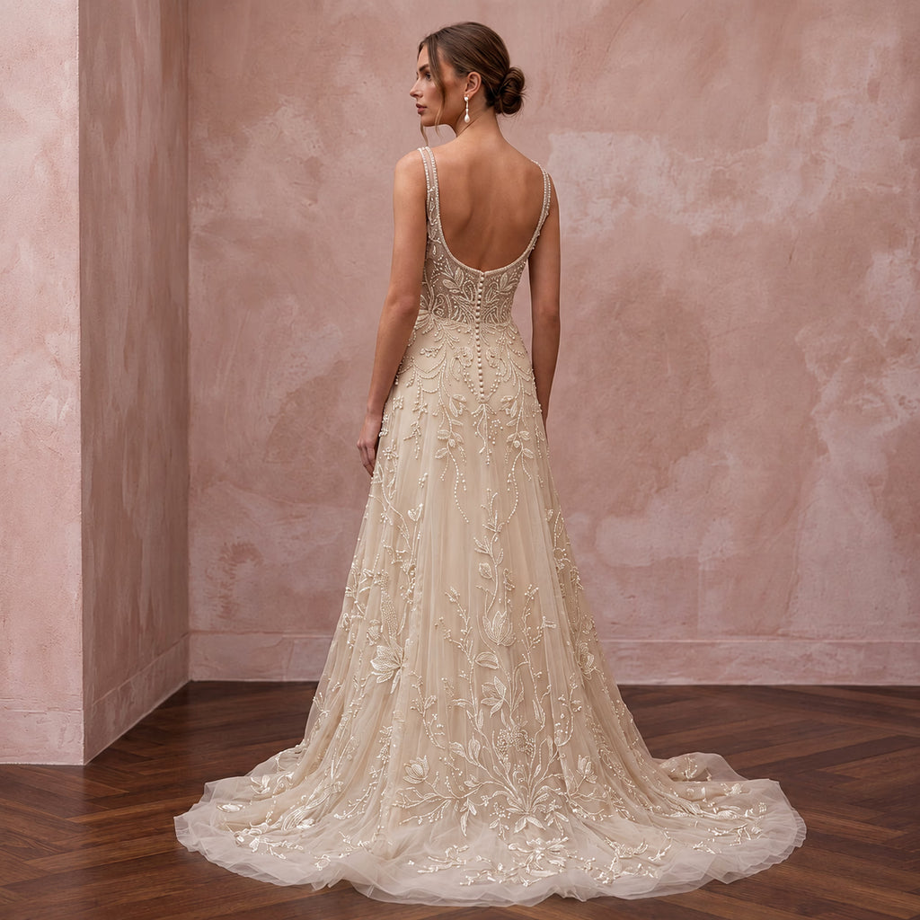 Artisan Champagne Embroidered Net Bridal Gown for Rehearsal Gathering