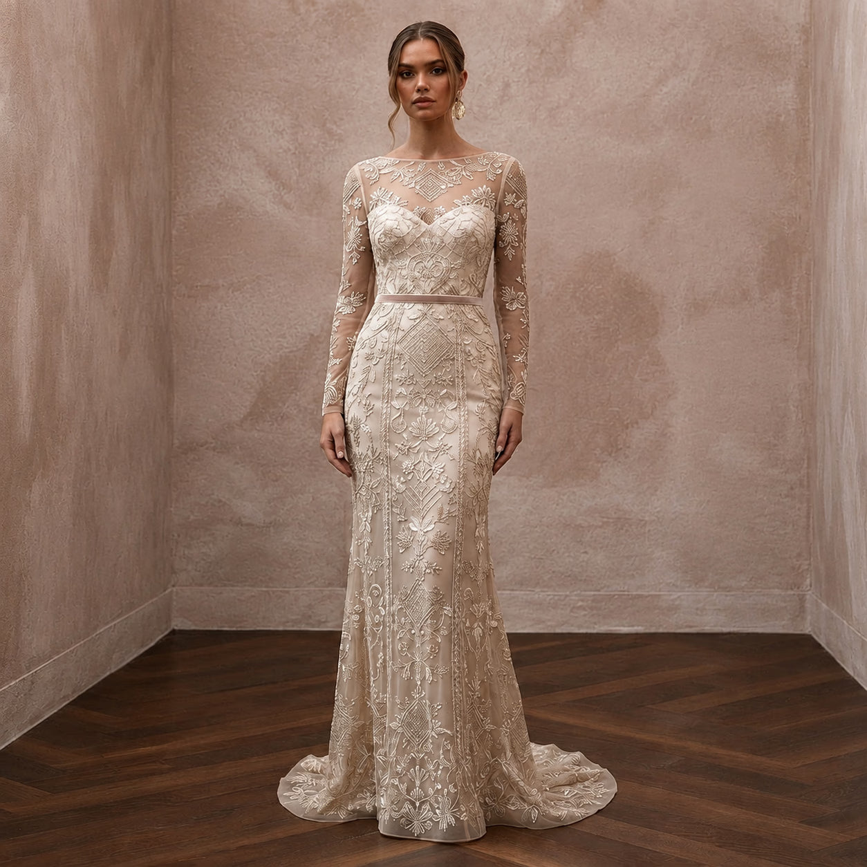 Artisan Champagne Embroidered Net Dress for Rehearsal Gathering - Apparel & Accessories > Clothing > Wedding & Bridal Party Dresses > Wedding Dresses - Mignonette Bridal Main image