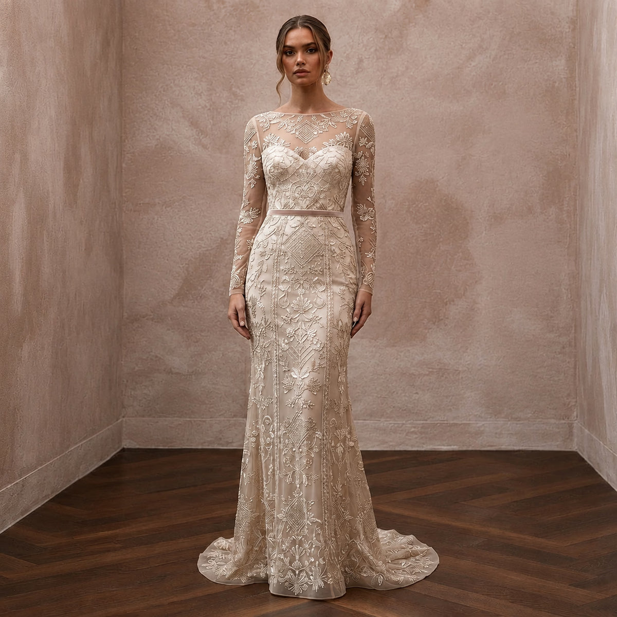 Artisan Champagne Embroidered Net Dress for Rehearsal Gathering - Apparel & Accessories > Clothing > Wedding & Bridal Party Dresses > Wedding Dresses - Mignonette Bridal