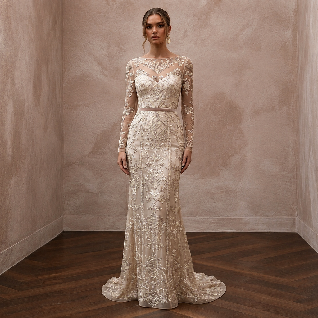 Artisan Champagne Embroidered Net Dress for Rehearsal Gathering