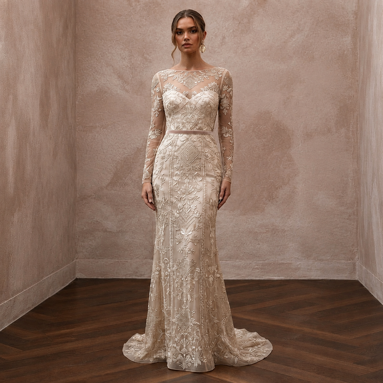 Artisan Champagne Embroidered Net Dress for Rehearsal Gathering