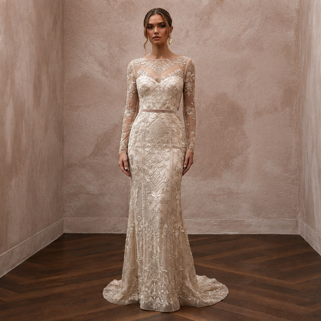 Artisan Champagne Embroidered Net Dress for Rehearsal Gathering