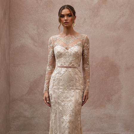 Artisan Champagne Embroidered Net Dress for Rehearsal Gathering - Apparel & Accessories > Clothing > Wedding & Bridal Party Dresses > Wedding Dresses - Mignonette Bridal