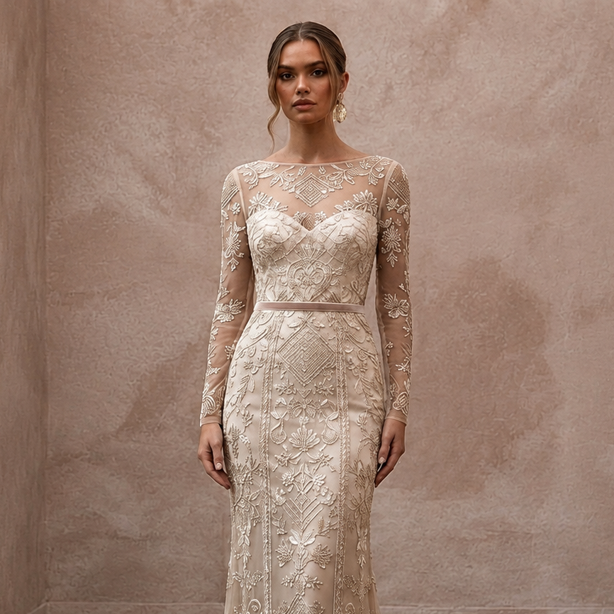 Artisan Champagne Embroidered Net Dress for Rehearsal Gathering