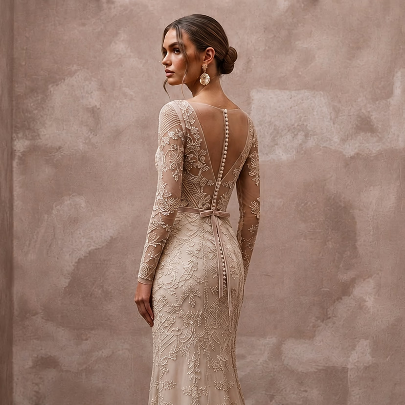 Artisan Champagne Embroidered Net Dress for Rehearsal Gathering - Apparel & Accessories > Clothing > Wedding & Bridal Party Dresses > Wedding Dresses - Mignonette Bridal