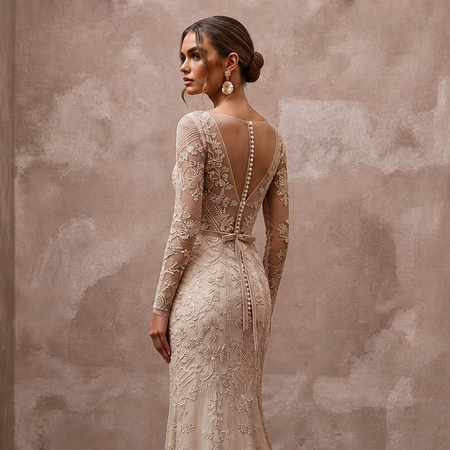 Artisan Champagne Embroidered Net Dress for Rehearsal Gathering - Apparel & Accessories > Clothing > Wedding & Bridal Party Dresses > Wedding Dresses - Mignonette Bridal