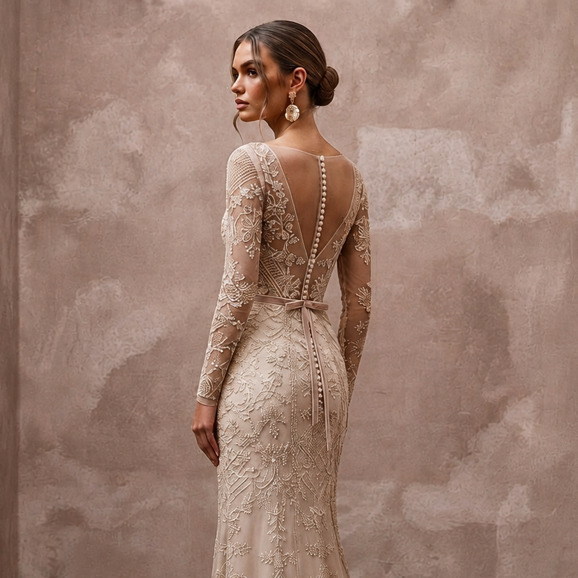 Artisan Champagne Embroidered Net Dress for Rehearsal Gathering