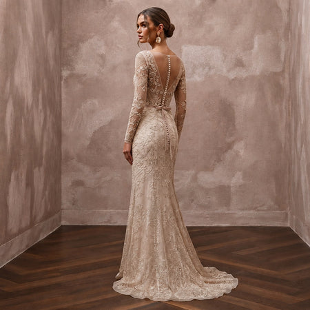 Artisan Champagne Embroidered Net Dress for Rehearsal Gathering - Apparel & Accessories > Clothing > Wedding & Bridal Party Dresses > Wedding Dresses - Mignonette Bridal