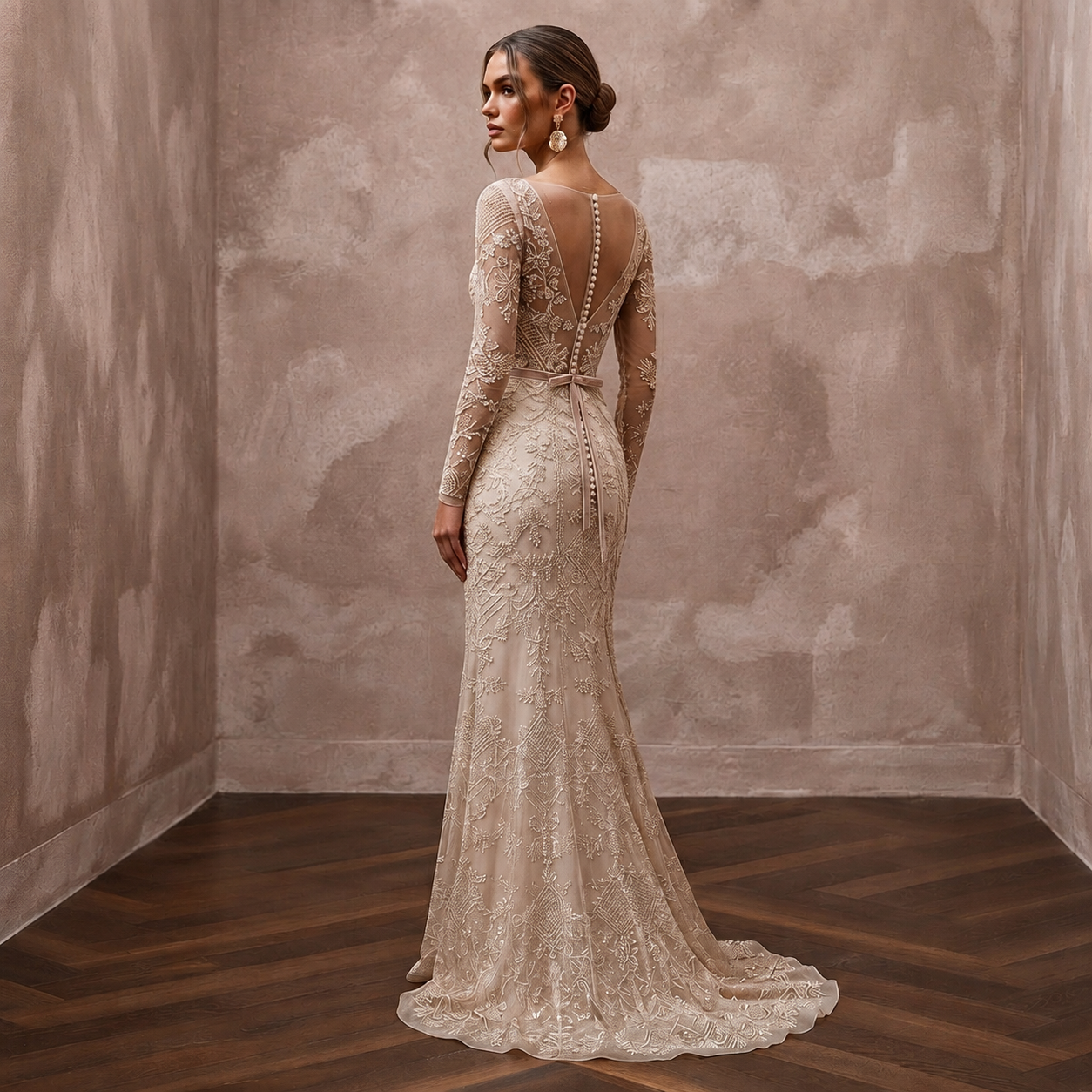 Artisan Champagne Embroidered Net Dress for Rehearsal Gathering