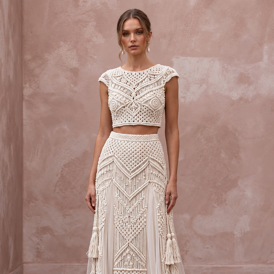 Artisan Ivory Macrame Bridal Crop Top & Maxi Skirt for Boho Reception