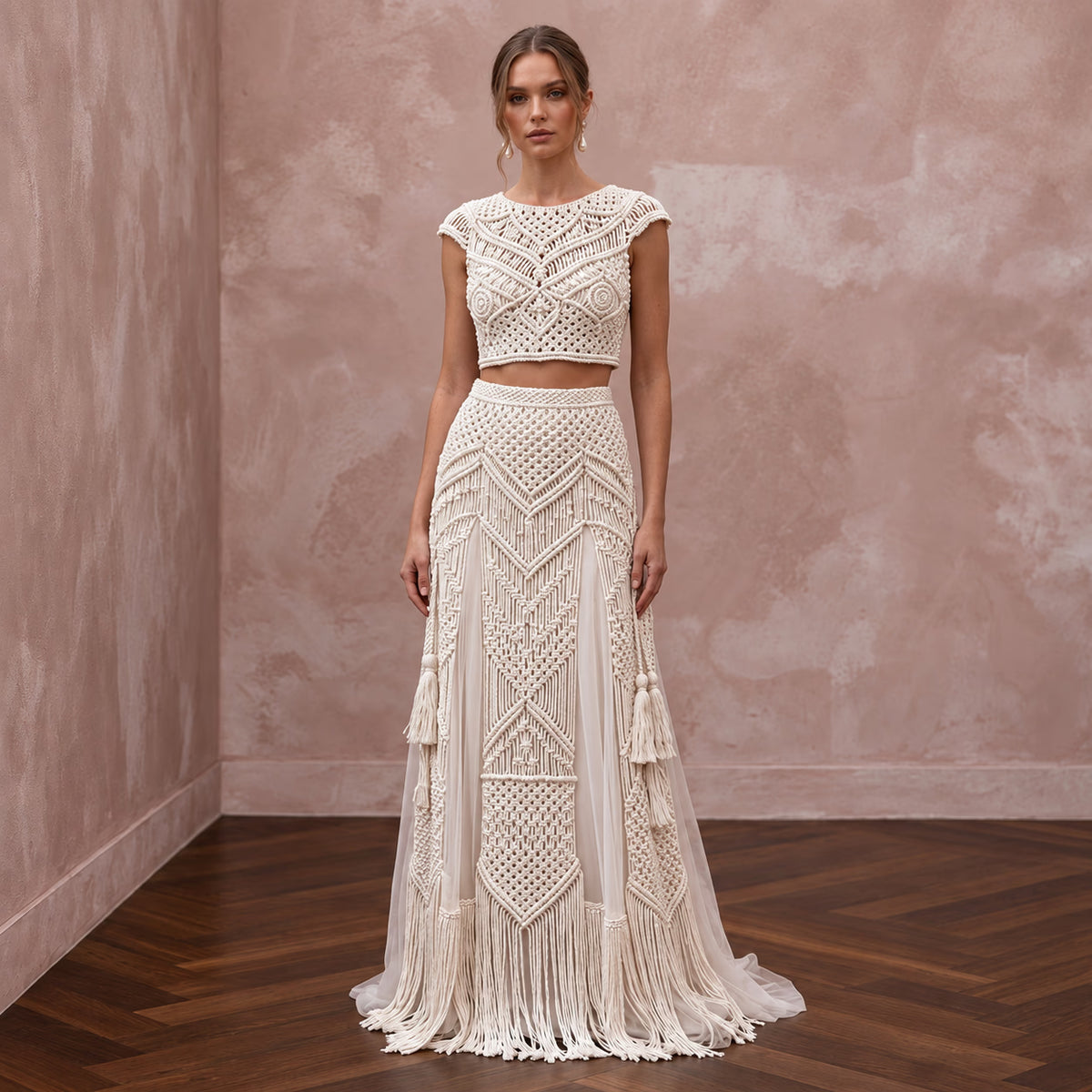 Artisan Ivory Macrame Bridal Crop Top & Maxi Skirt for Boho Reception