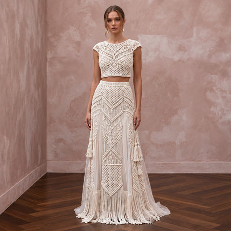 Artisan Ivory Macrame Bridal Crop Top & Maxi Skirt for Boho Reception