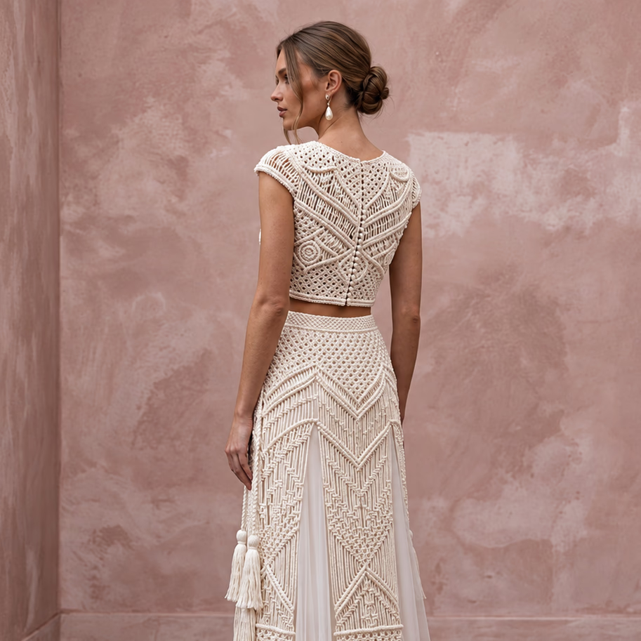 Artisan Ivory Macrame Bridal Crop Top & Maxi Skirt for Boho Reception