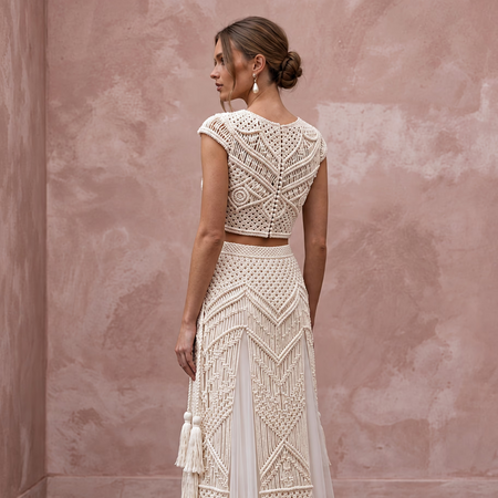 Artisan Ivory Macrame Bridal Crop Top & Maxi Skirt for Boho Reception