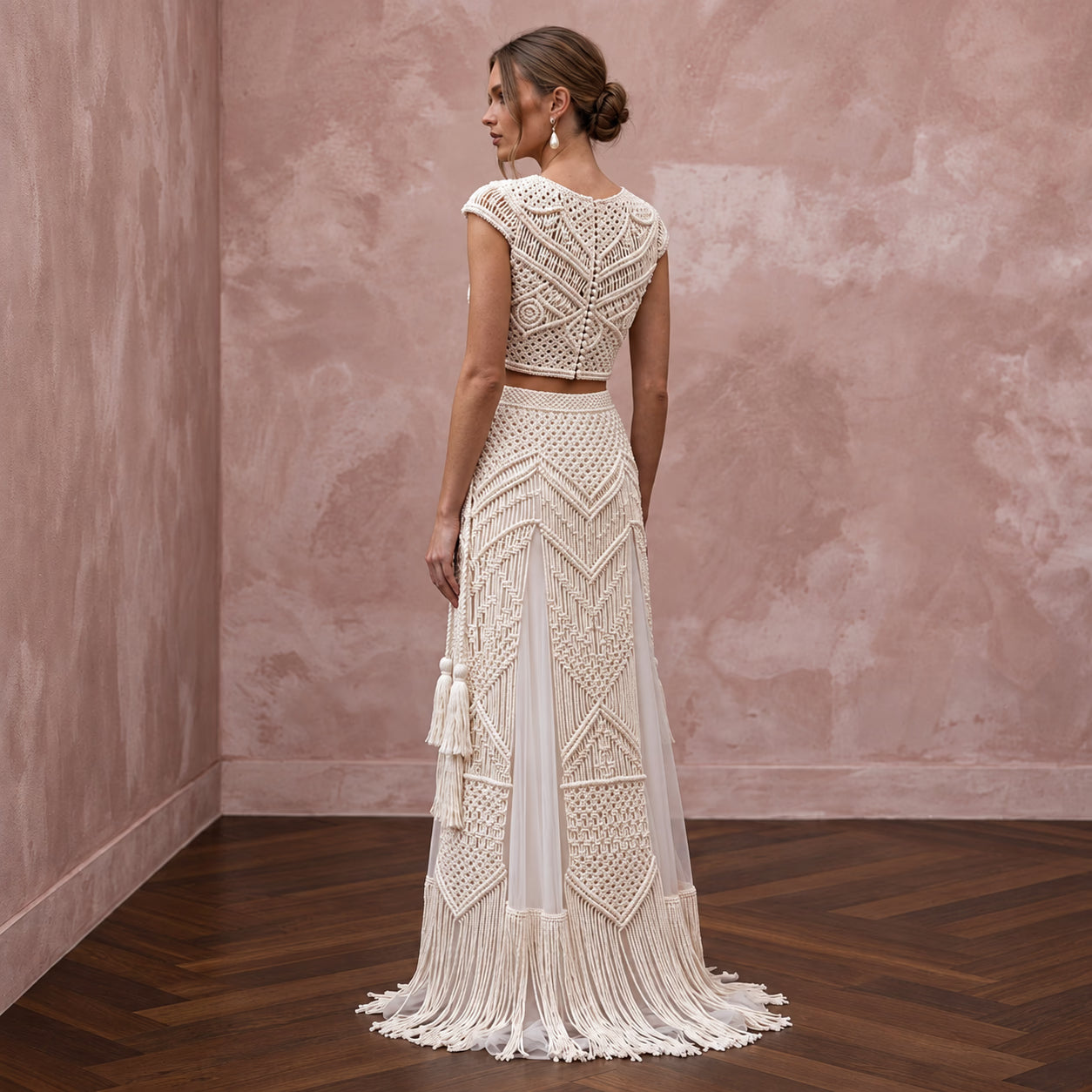 Artisan Ivory Macrame Bridal Crop Top & Maxi Skirt for Boho Reception Secondary image