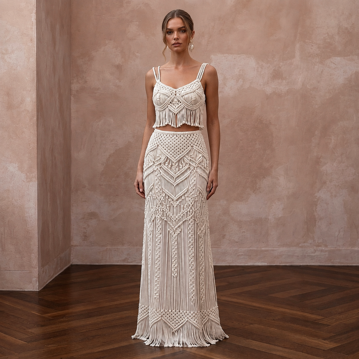 Artisan Ivory Macrame Crop Top & Maxi Skirt for Boho Reception