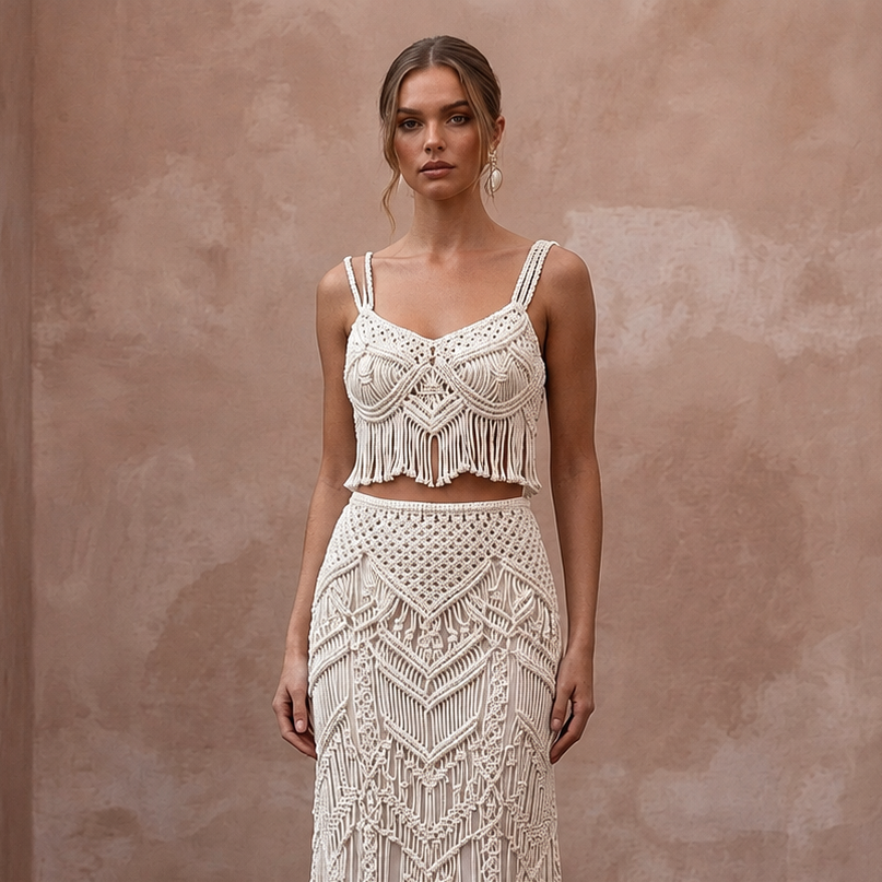 Artisan Ivory Macrame Crop Top & Maxi Skirt for Boho Reception