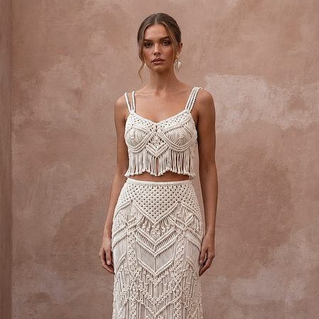 Artisan Ivory Macrame Crop Top & Maxi Skirt for Boho Reception