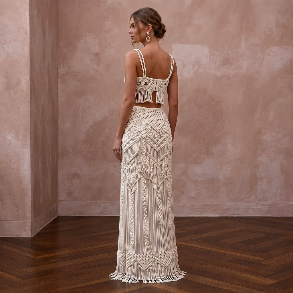 Artisan Ivory Macrame Crop Top & Maxi Skirt for Boho Reception - Apparel & Accessories > Clothing > Wedding & Bridal Party Dresses > Wedding Dresses - Mignonette Bridal