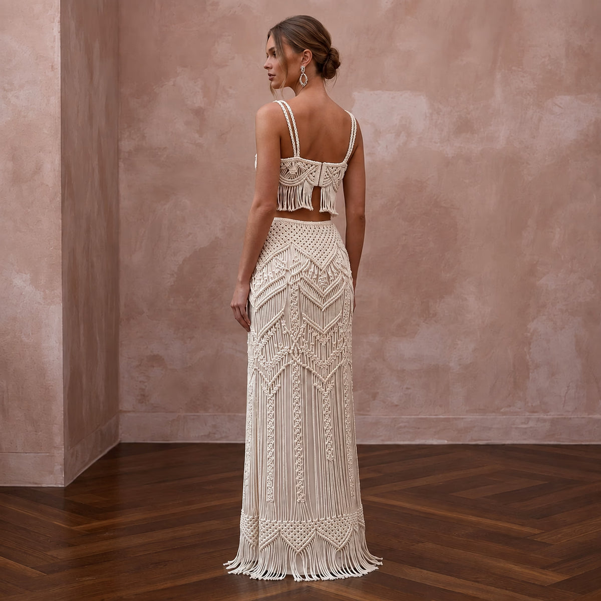 Artisan Ivory Macrame Crop Top & Maxi Skirt for Boho Reception - Apparel & Accessories > Clothing > Wedding & Bridal Party Dresses > Wedding Dresses - Mignonette Bridal
