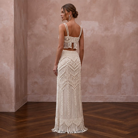 Artisan Ivory Macrame Crop Top & Maxi Skirt for Boho Reception - Apparel & Accessories > Clothing > Wedding & Bridal Party Dresses > Wedding Dresses - Mignonette Bridal