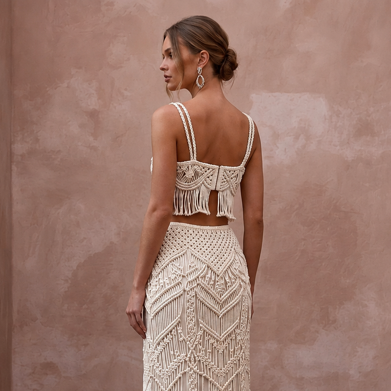 Artisan Ivory Macrame Crop Top & Maxi Skirt for Boho Reception