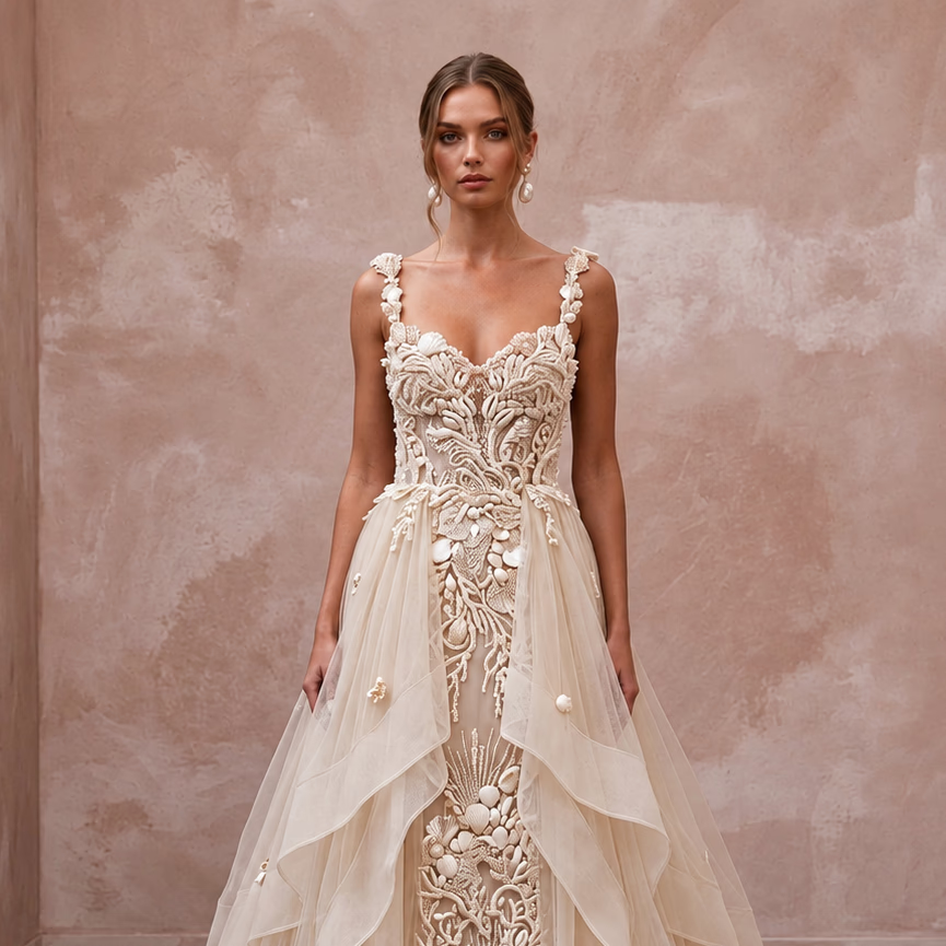 Artisanal Champagne Shell-Embroidered Tulle Wedding Dress for Oceanfront Elopement