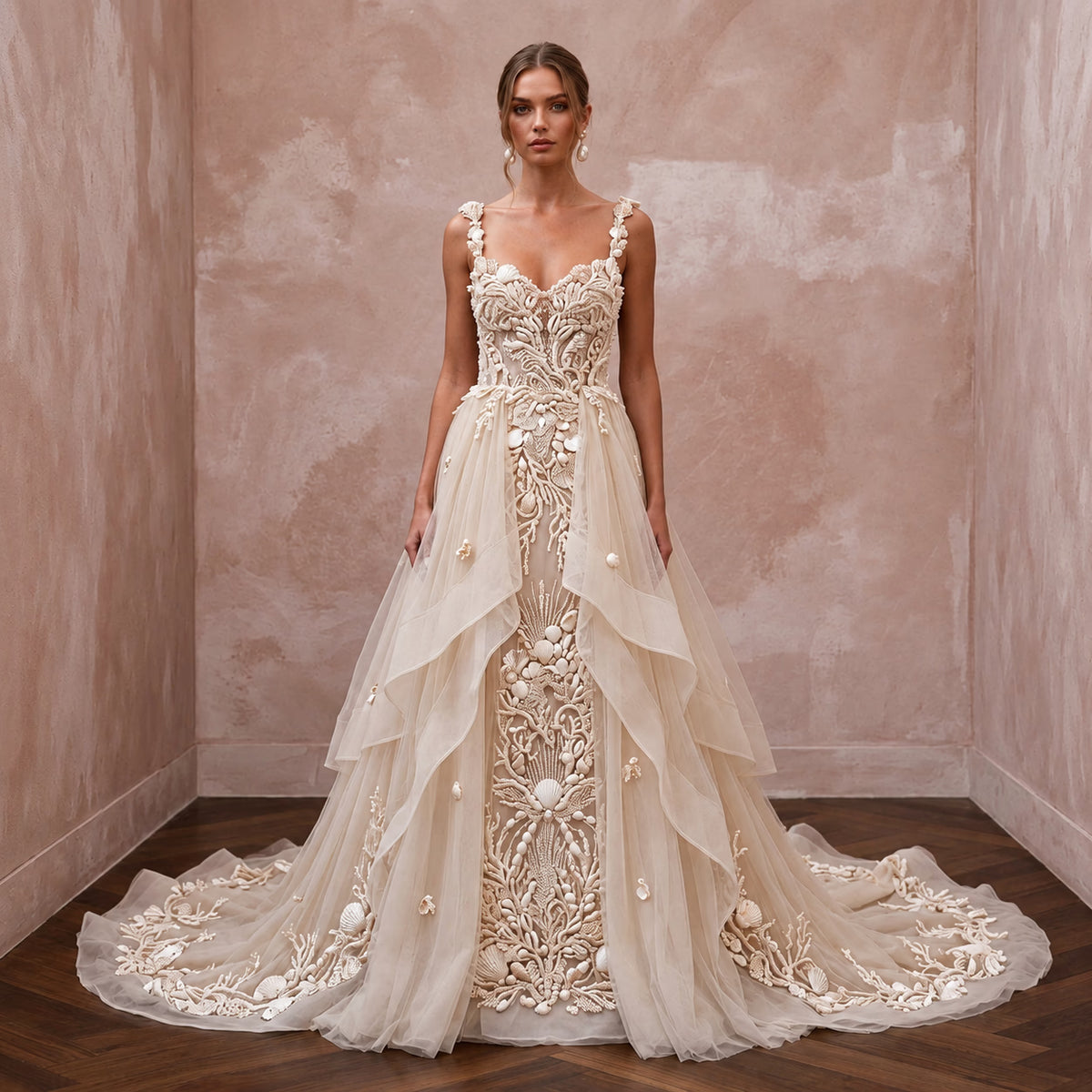 Artisanal Champagne Shell - Embroidered Tulle Wedding Dress for Oceanfront Elopement - Apparel & Accessories > Clothing > Wedding & Bridal Party Dresses > Wedding Dresses - Mignonette Bridal Main image
